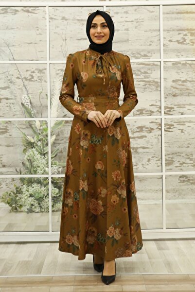 Feiza Collection Çiçek Detaylı Tesettür Elbise - Hardal