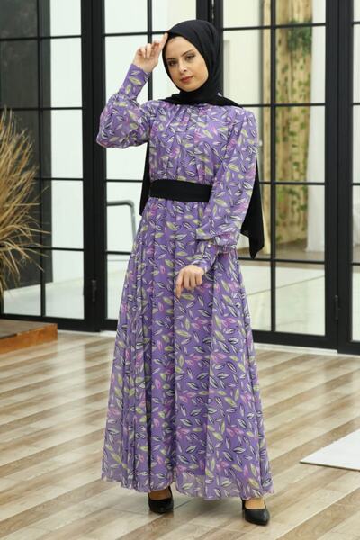 Feiza Collection Çiçek Desenli Tesettür Elbise - Lila