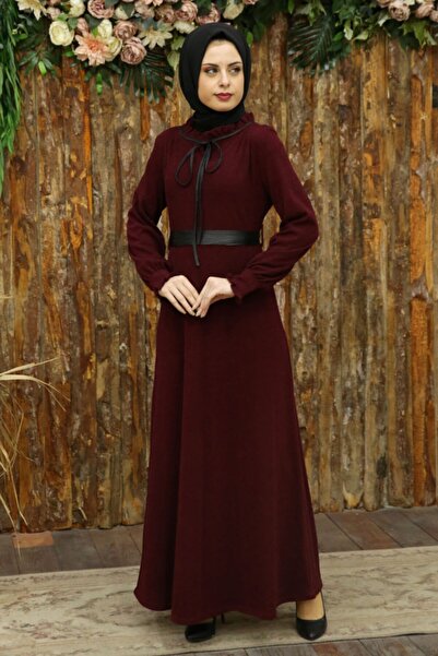 Feiza Collection Deri Kemerli Tesettür Elbise - Bordo
