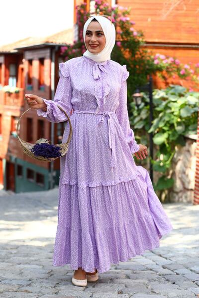 Feiza Collection Çiçek Desenli Fırfırlı Tesettür Elbise - Lila