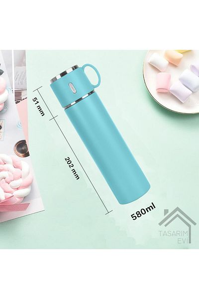 Tasarım Evi كوب ترمس ساخن لمدة 24 ساعة بطبقة مزدوجة من الفولاذ 580 مل كوب ترمس للسيارة قهوة وشاي ترمس