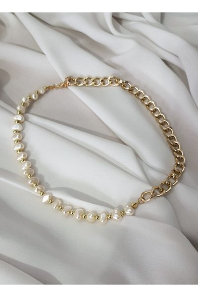 fullcontrol Women's Design Baroque Pearl Gold Chain Detailed Pearl Necklace