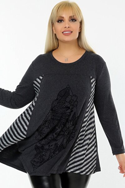 Kheos Asymmetrical Blocked Front Floral Stone Printed Long Sleeve Flowy Blouse