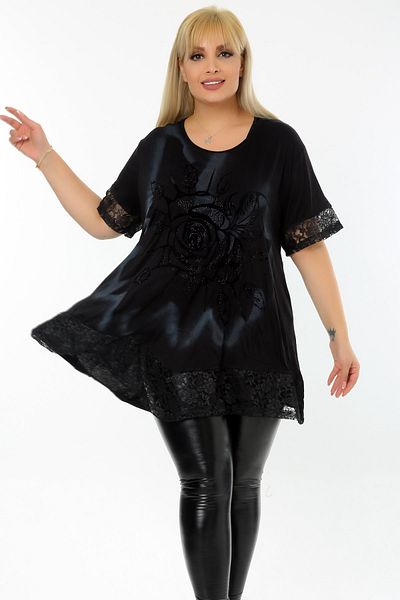 Kheos Short Sleeve Tunic with Flock Printed Rose Motif and Lace Skirt and Sleeve End