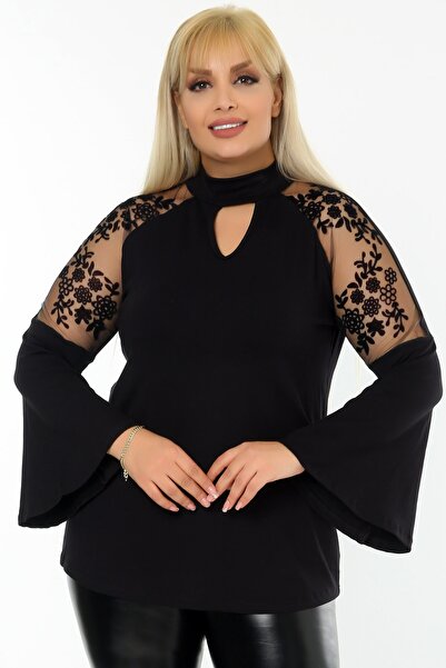 Kheos Women's Plus Size Chest-Length Flounce Printed Tulle Detailed Flounced Sleeve Blouse