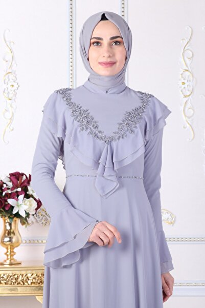 Feiza Collection Fırfır Detaylı Tesettür Abiye Elbise - Gri