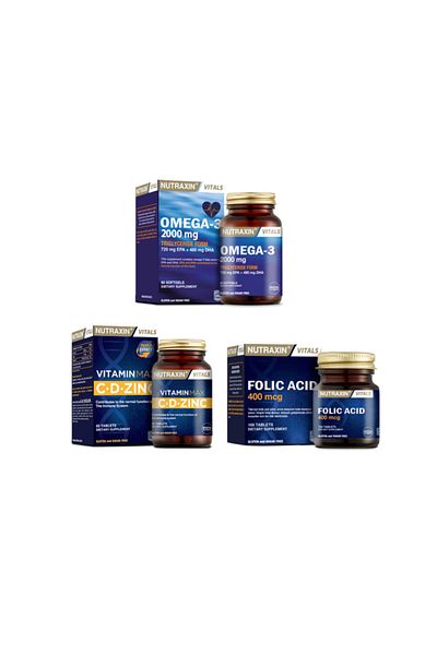 Nutraxin Omega 3 Fish Oil 2000 Mg - 60 Capsules + Vitamin Max 60 Tablets + Folic Acid 100 Tablets