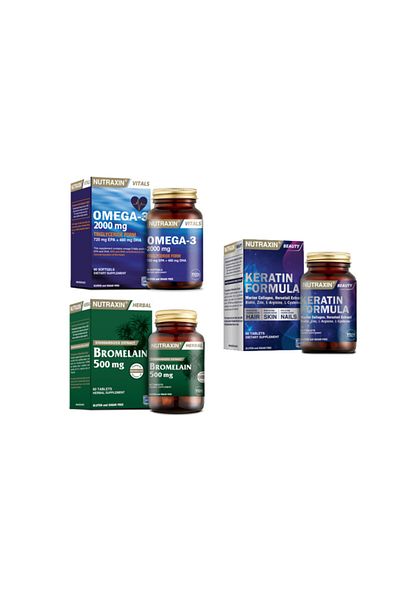 Nutraxin Omega 3 Fish Oil - 2000 Mg 60 Capsules + Bromelain 60 Capsules + Keratin Formula 60 Tablets