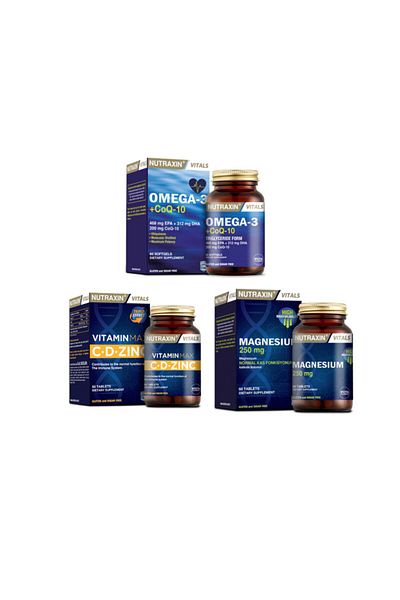 Nutraxin Omega 3 and Coq-10 Coenzyme 60 Capsules + Vitamin Free Max Tablet + Magnesium 60 Tablets