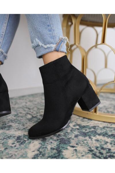 BY MAY SHOES Topuklu Düz Siyah Süet Bot Ayakkabı