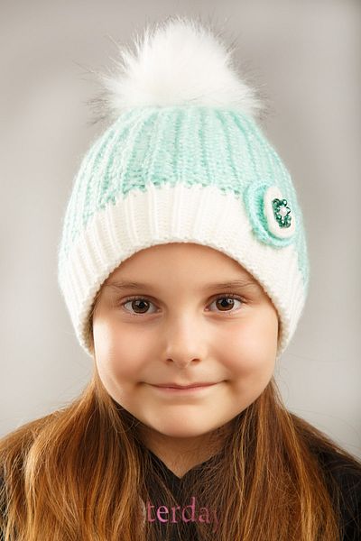 Dragora Girl's Beanie Wool Blended Knitted Heart and Stone Detailed Water Green