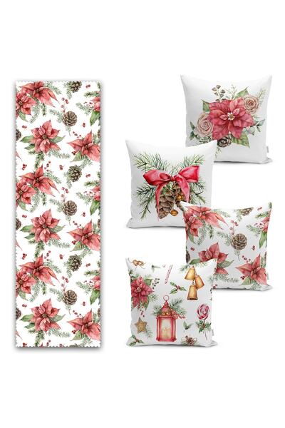 Realhomes Kırmızı Gül Özel Tasarımlı Kozalak Detaylı 4 Kırlent 1 Runner Seti