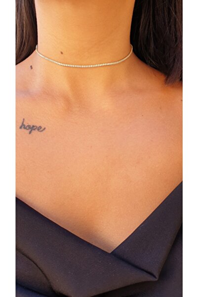 Ay Gümüş Kadın Beyaz Taşlı 36 Cm Choker Su Yolu Kolye 925 Ayar Gümüş