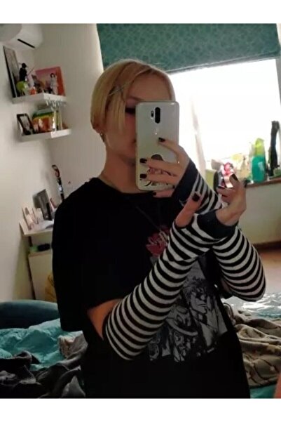Köstebek Anime Grunge Punk Black White Striped Sleeve