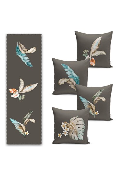 Realhomes Koyu Zeminli Renkli Tropik Yaprak Tasarımlı 4 Kırlent 1 Runner Seti