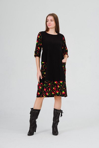 İna Rochie de iarnă cu garnitură florală de flanel simplu, lungime midi, cu manșetă