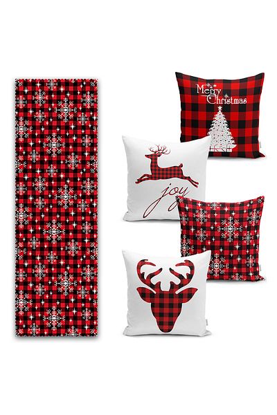 Realhomes Mery Christmas New Year's Designed Set of 4 Throw Pillow Covers and 1 Runner