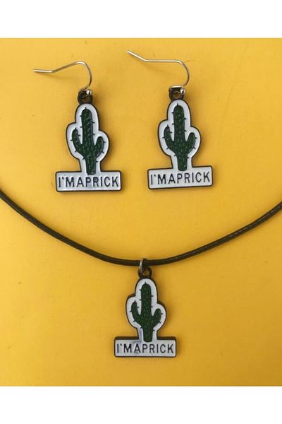 Paytak Moda Cactus Unisex Metal Necklace Earring Set