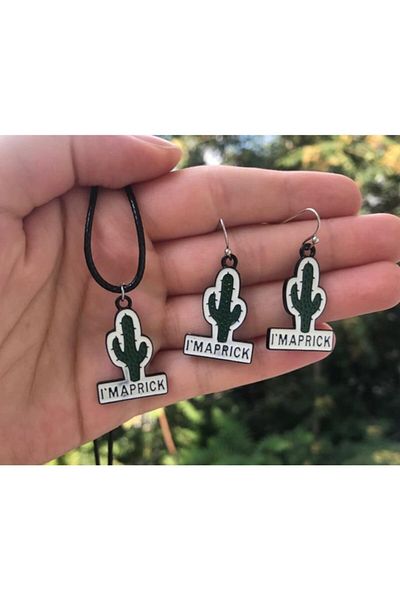 Paytak Moda Cactus Unisex Metal Necklace Earring Set