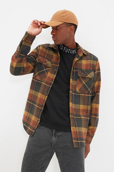 Trendyol Collection Winter-Holzfäller-Karomuster – normale Passform mit doppelter Taschenabdeckung TMNAW21GO0031