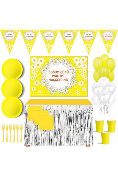 Parti Furyası Papatya Party Supplies + Papatya Party Concept for 8 People 50x70 Cm with Banner