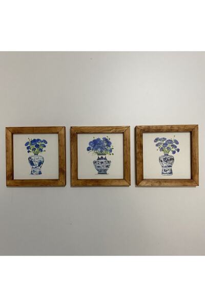 TrendTablom Çini Desenli Vazo Mavi Karanfil Ahşap Çerçeveli Duvar Panosu