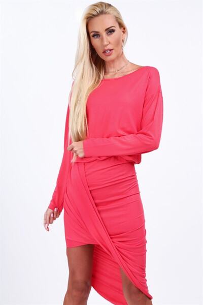 fasardi Bisiklet Yaka Asimetrik Midi Elbise