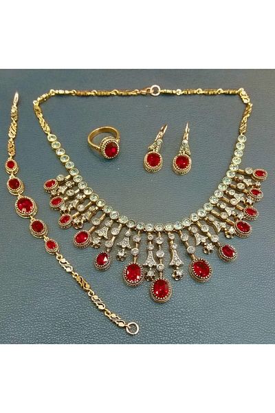 Aşina Gümüş Diamond Mounted - Gold Ruby Jewelled, Choker Earring Ring and Bracelet Set