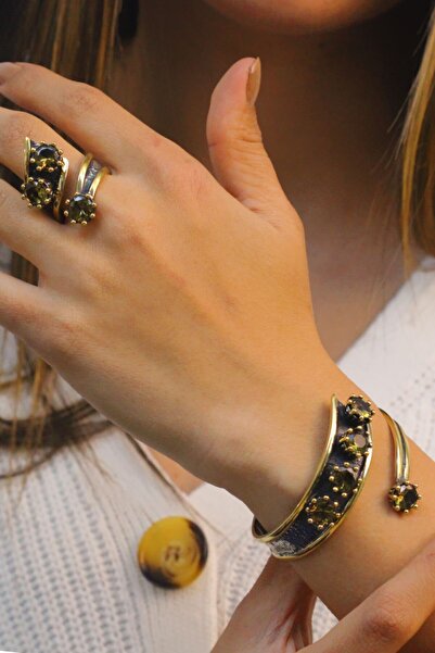 Midyat Nurtaş Gümüş Zultanit Taşlı Otantik Gümüş Bayan Bilezik Ve Yüzük Kombin