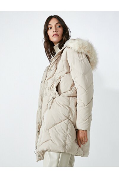 Koton Hooded Quilted Oversize Puffer Jacket with Fur Collar