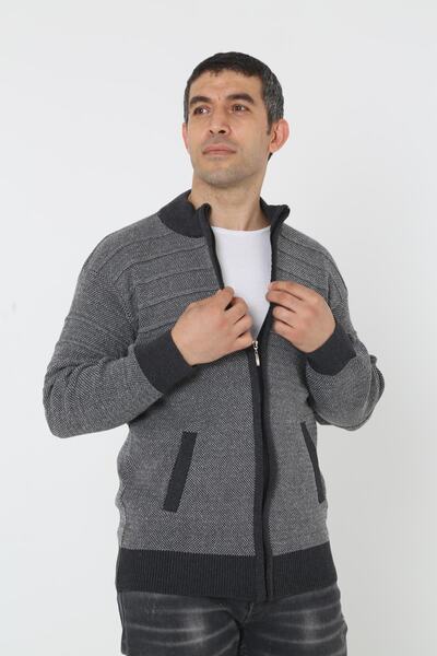 KMKkombin Men's Gray Super Oversize Knitwear Zippered Knitted Cardigan & Sweater