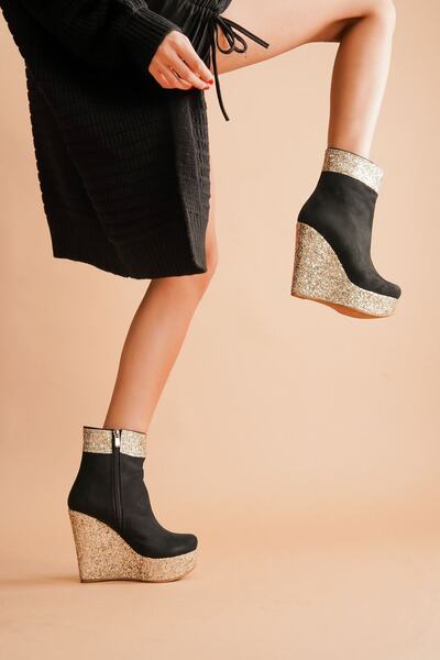 Ayakkabı Ateşi Daina Black Suede - Gold Glitter Γυναικείες Μπότες με τακούνι