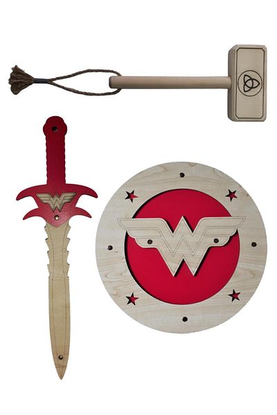 Ahtek Wooden Toy Set, Wonder Woman Shield + Sword and Wooden Tor (thor) Tow Truck