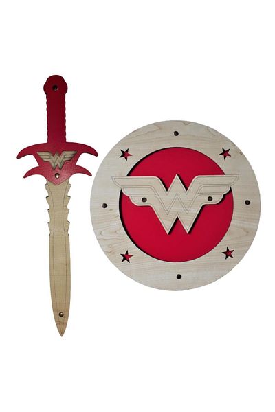 Ahtek Wooden Toy Set, Wonder Woman Shield + Sword and Wooden Tor (thor) Tow Truck