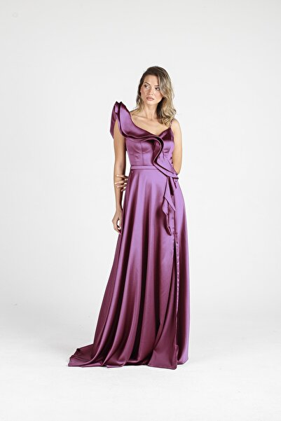 ALİS DRESS Tek Omuzlu Fırfırlı Yırtmaçlı Lavanta Saten Abiye