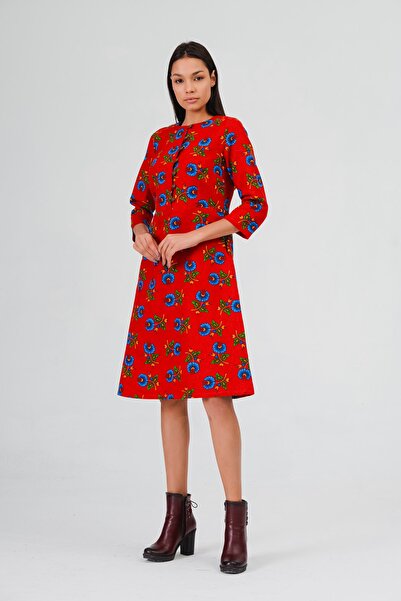 İna Divitin Flannel Floral Print Cat Original Buttoned Midi Length Winter Dress