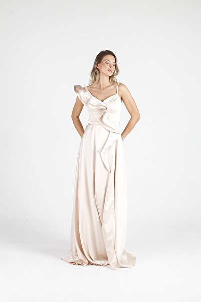 ALİS DRESS Tek Omuzlu Fırfırlı Yırtmaçlı Bej Saten Abiye