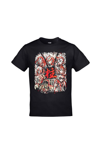 Orijin Tekstil Demon Slayer Characters Front Back Printed Unisex Black Tshirt