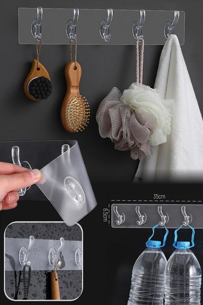 METROPOLAVM 5'li Şeffaf Güçlü Kendinden Yapışkanlı Kapı Duvar Askısı 35x6,5cm