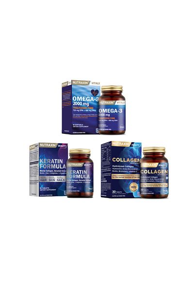 Nutraxin Omega 3 Fish Oil 2000 Mg 60 Capsules + Hydrolyzed Collagen 30 Tablets + Keratin Formula 60 Tablets