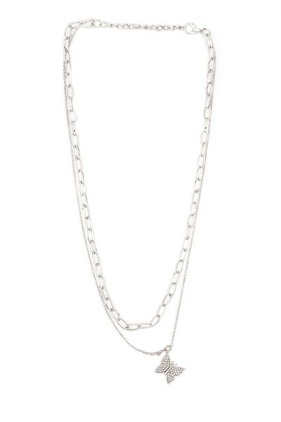 FORIVIA ACCESSORIES Silver, Zircon Stone Butterfly Necklace