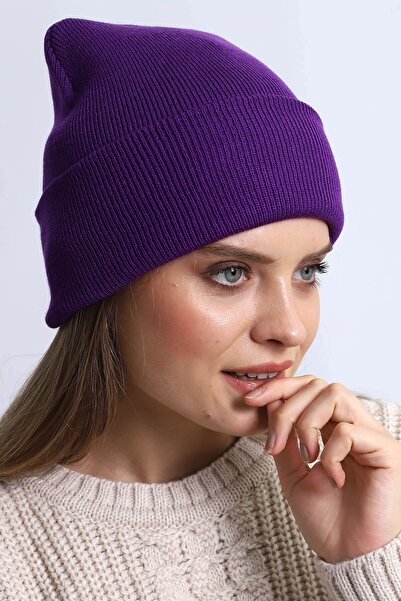CosmoOutlet Solid Color Basic Folded Women's Purple Beanie