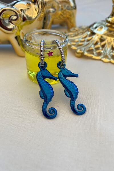 Leerybee Chrome Blue Color Antiallergic Seahorse Earrings