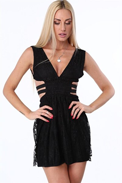 fasardi Beli Lastikli Dantel Mini Elbise