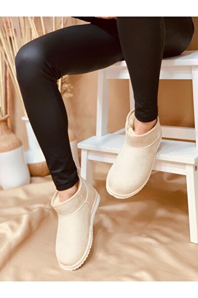 POLENS Kadın Ultra Mini Bej Içi Yünlü Kürklü Bot Ayakkabı