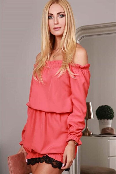 fasardi Kayık Yaka Dantelli Mini Elbise