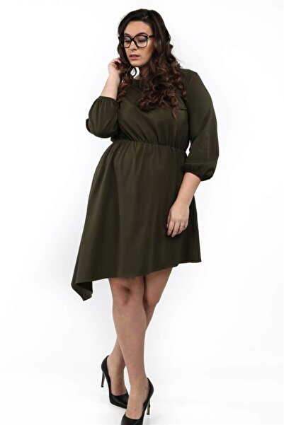 fasardi Kadın  Haki Bisiklet Yaka Büyük Beden Asimetrik Elbise Haki B08
