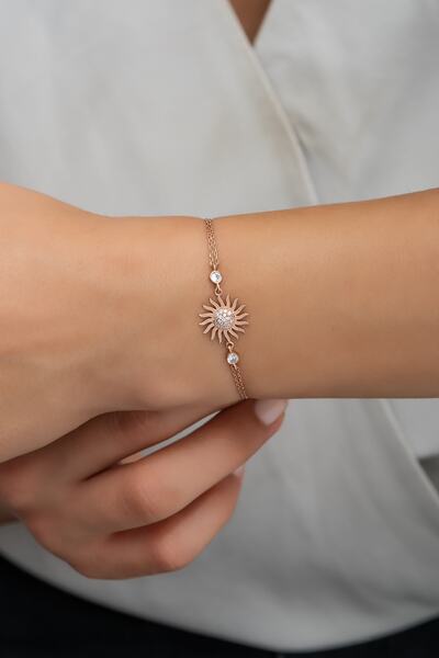 Nereze 925 Ayar Gümüş Rose Zirkon Taşlı Güneş Bileklik