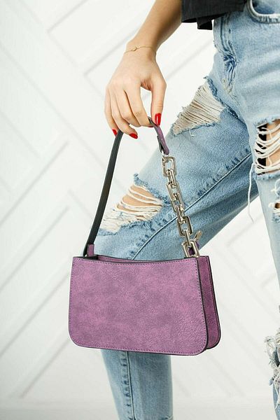 Restbag Women's Lilac Nubuck Chain Strap Baguette Hand and Shoulder Bag