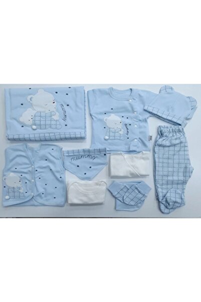 TONTON BABY Mavi Erkek Bebek Kareli Ayıcıklı 10'lu Hastane Çıkışı